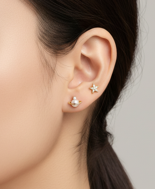 Faux Pearl Cubic Planet Piercing,Surgical Steel Inner Conch Helix Jewelry, Modern Layered Ear Curation Minimal,Saturn Planet piercing
