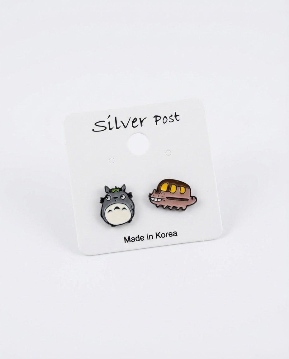 Totoro & Catbus Asymmetrical Stud Earrings | 925 Silver Post Ghibli Anime Jewelry