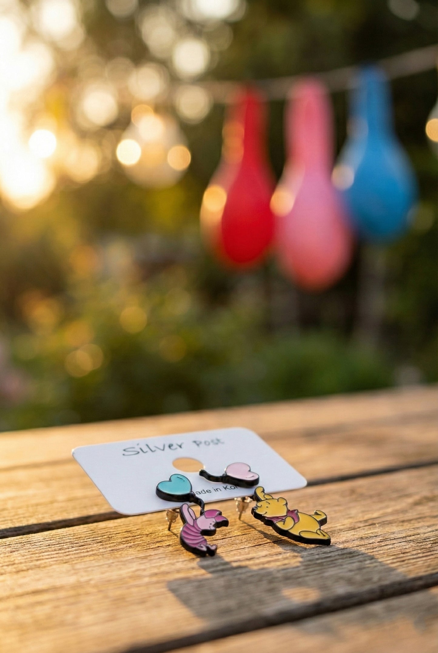 Pooh-Inspired Heart Balloon Two-Way Drop Earrings – Silver Post