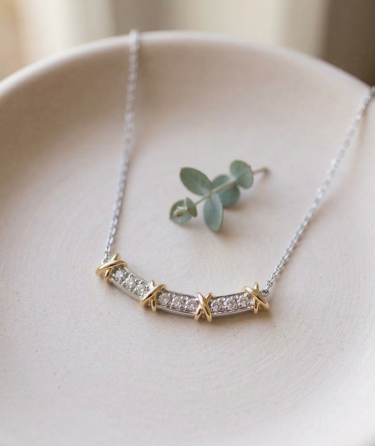 925 Sterling Silver Two-Tone Curved Bar Necklace with Gold X Cross