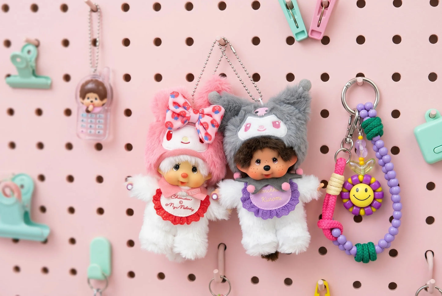 Monchhichi x My Melody & Kuromi Plush Bag Charm Keychain (Sold Individually)