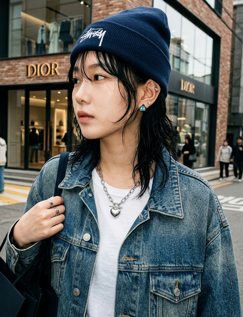 Full body Seoul street style shot Stussy beanie denim jacket silver chain necklace bumblebee CZ ear piercing stack, K-streetwear approved.