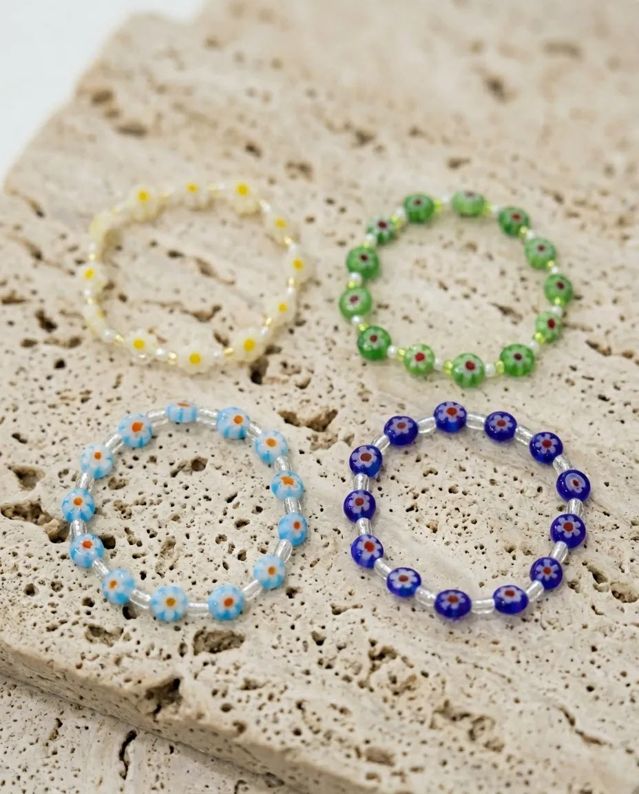 Millefiori Glass Flower Bead Bracelet β K-Handmade, 4 Colors