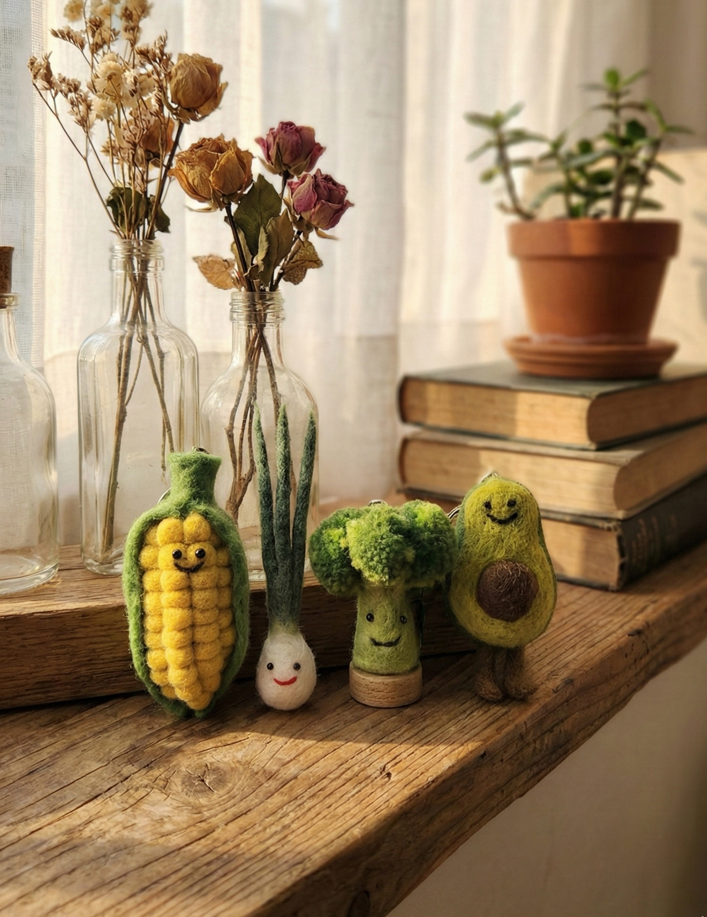 Handmade Nepal Wool Felt Veggie Keychain - Corn Avocado Scallion Broccoli