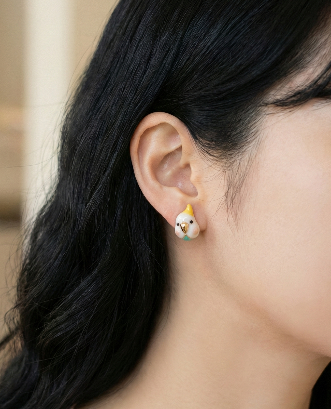 Handmade Cockatiel & Blue Parrot Stud Earrings Pair | Hypoallergenic Titanium Post | Korean Kawaii Animal Jewelry