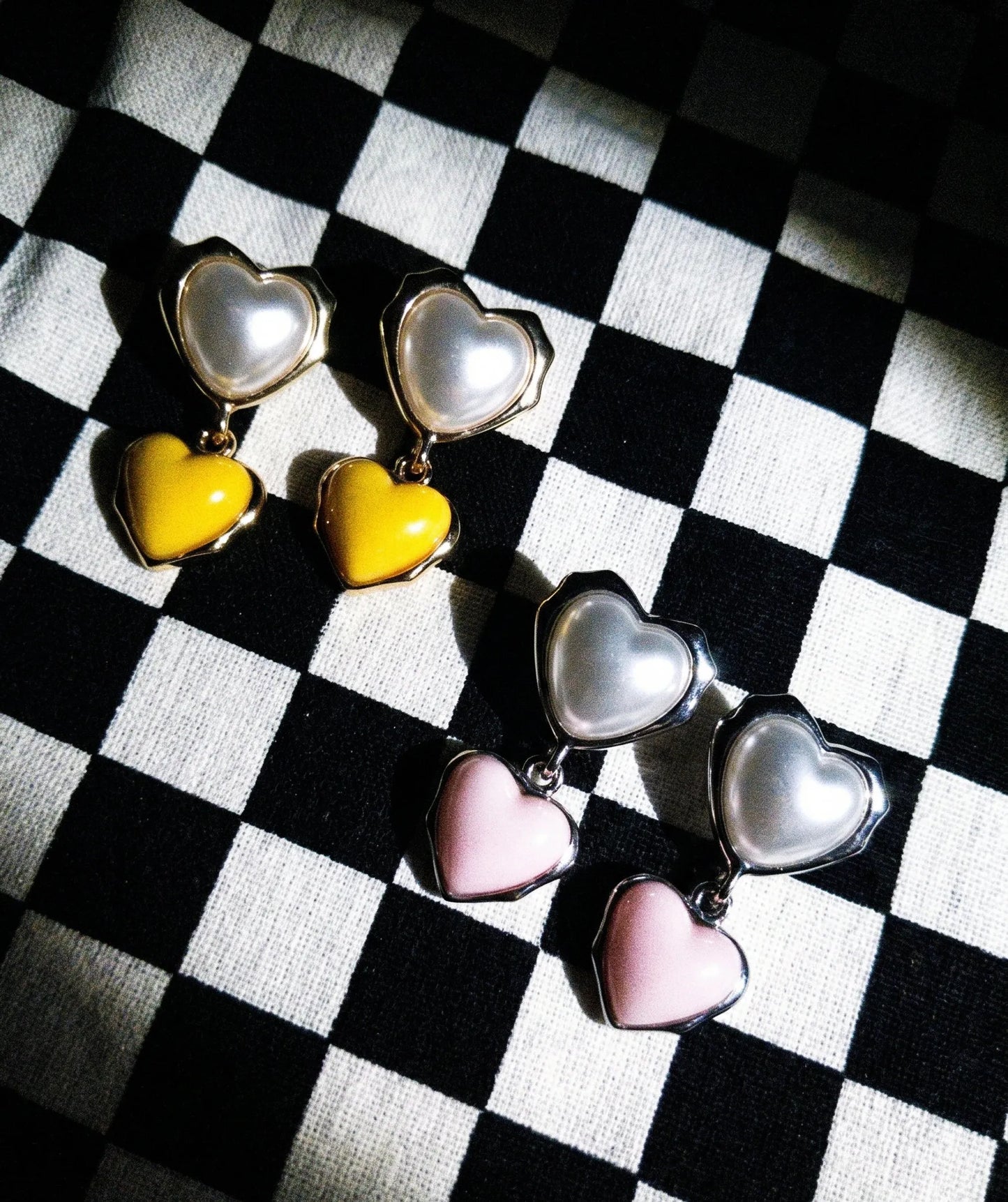 Chunky Double Heart Drop Earrings – Pearl & Color Block