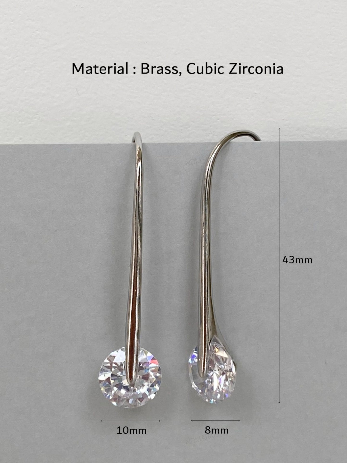43mm long drop U-hook earrings with 10mm cubic zirconia in silver and gold showing size measurement