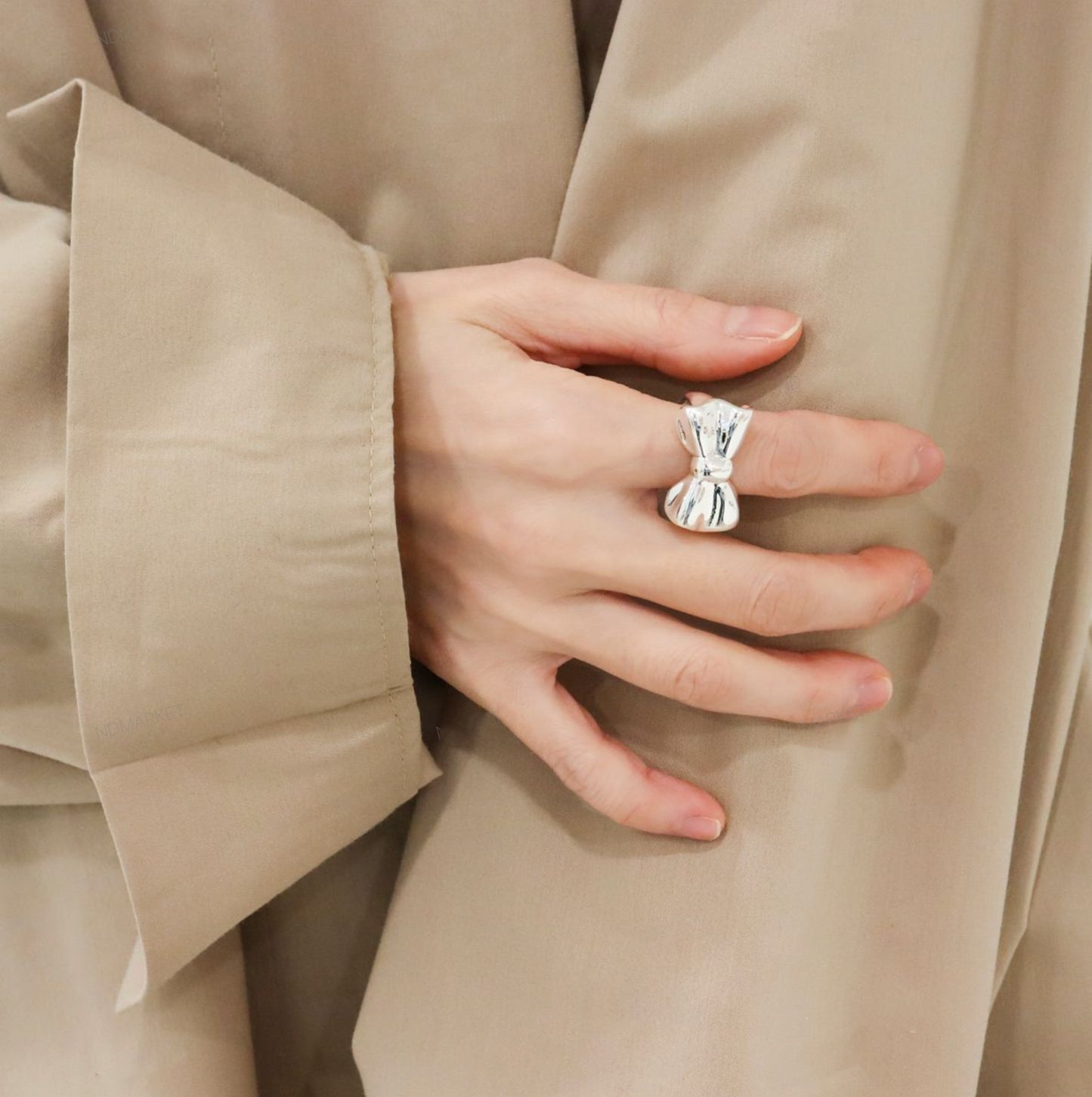 925 Sterling Silver Chunky Silver Bow Ring, Cute Statement Ribbon Ring