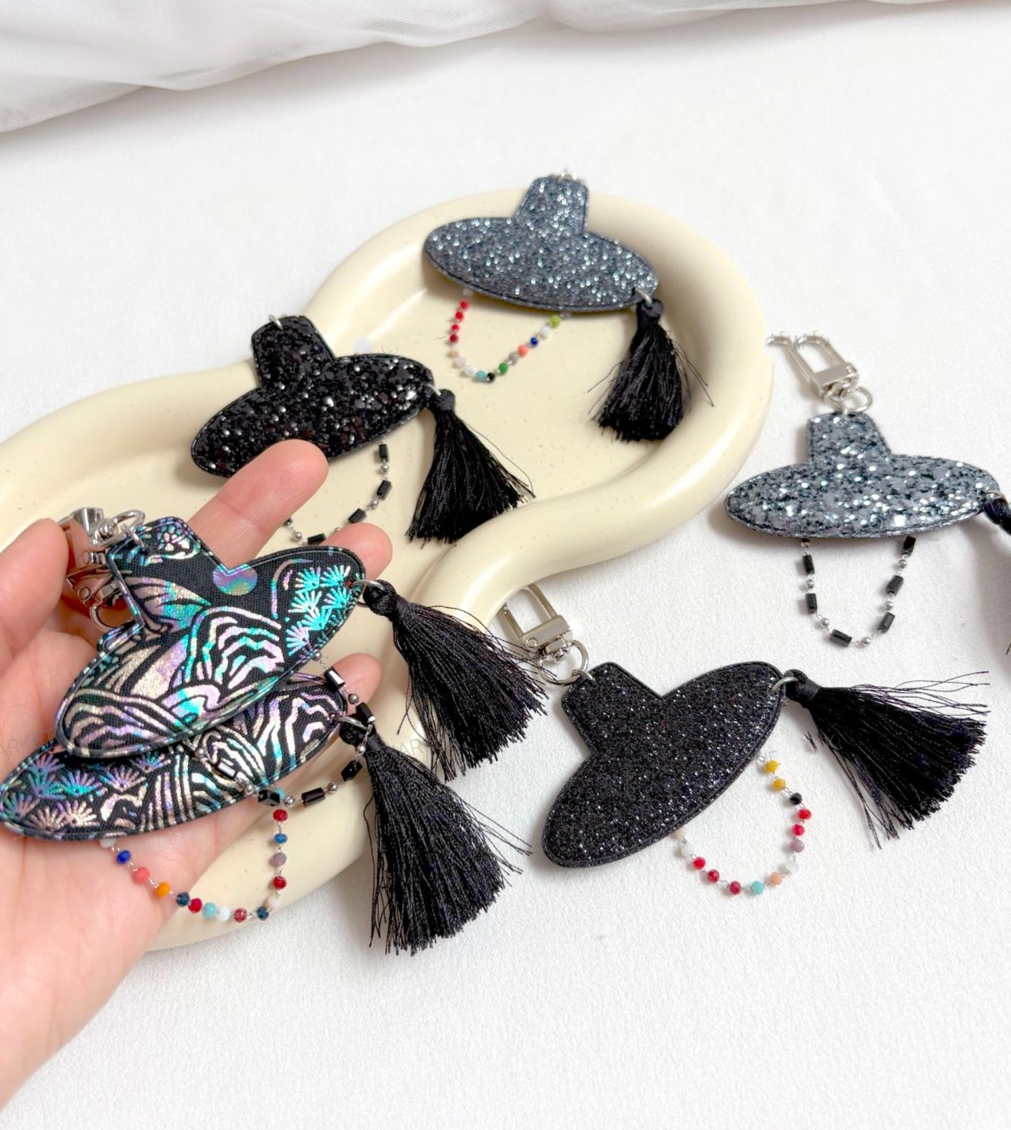 Korean Gat Hat Keychain – Aurora Sipjangsaeng Longevity Charm, K-Drama Inspired Tassel Keyring (Rainbow/Black & White) k-pop accessories