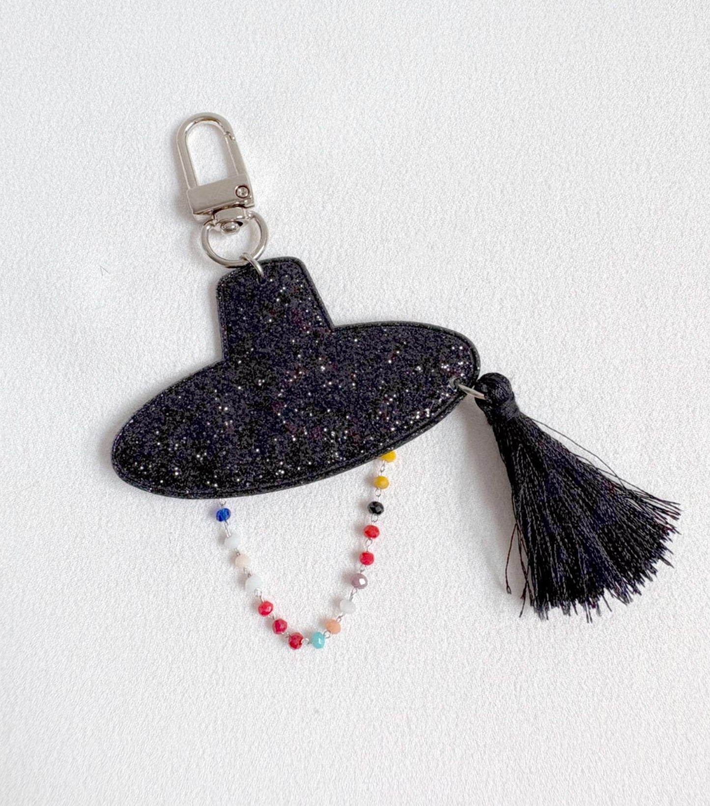 Korean Gat Hat Keychain – Aurora Sipjangsaeng Longevity Charm, K-Drama Inspired Tassel Keyring (Rainbow/Black & White) k-pop accessories