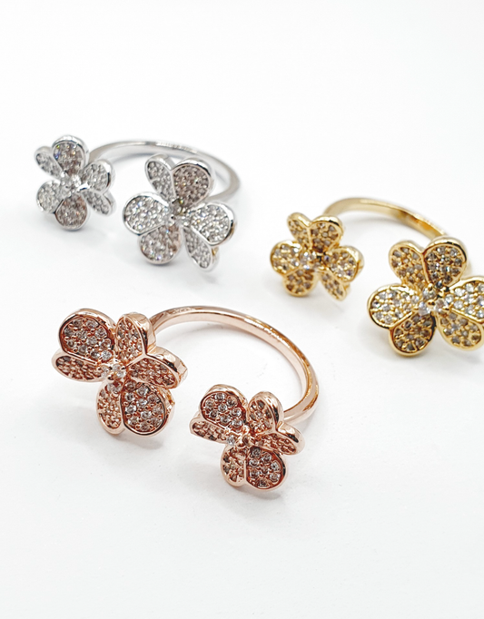 Lucky Clover Pavé Adjustable Ring — Sparkling Statement Cocktail Ring for Women, Gold Silver Rose Gold, Luxury Four-Leaf Clover Jewelry Gift