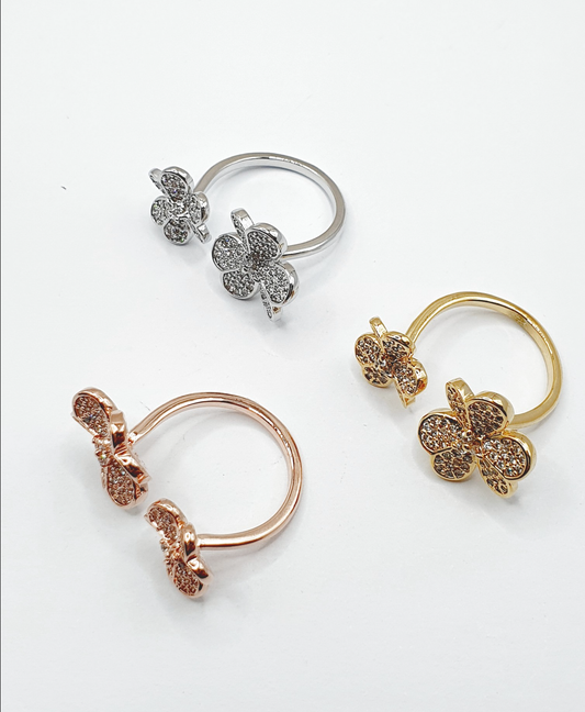 Lucky Clover Pavé Adjustable Ring — Sparkling Statement Cocktail Ring for Women, Gold Silver Rose Gold, Luxury Four-Leaf Clover Jewelry Gift