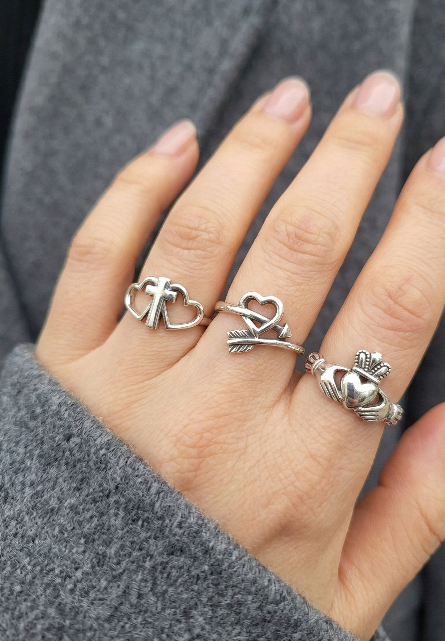 925 Sterling Silver Vintage Ring - Claddagh, Cupid Arrow & Heart Cross