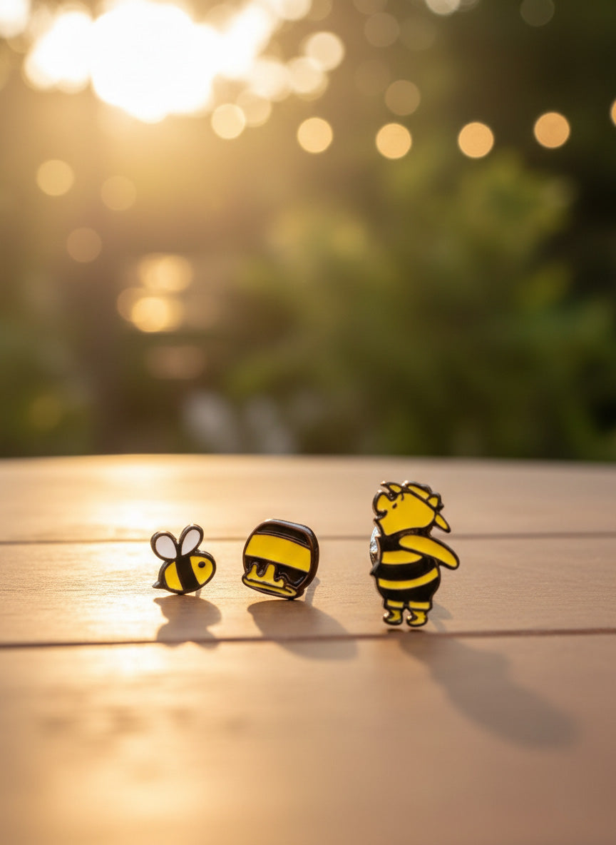 Pooh-Inspired 3pcs Stud Earrings (Bee, Jar & Bear) – 925 Silver Post