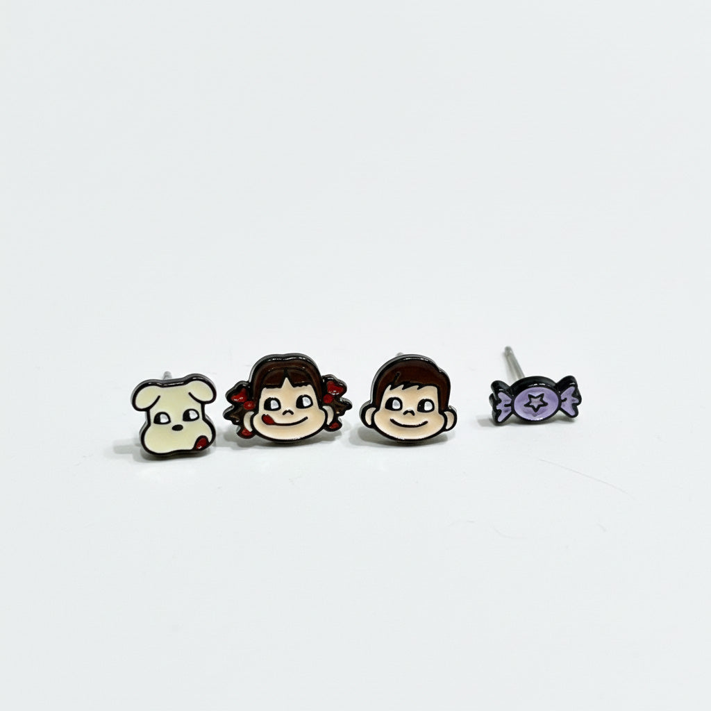 Kawaii Peko Chan 4-Piece Mismatched Earring Set - Silver Post Studs