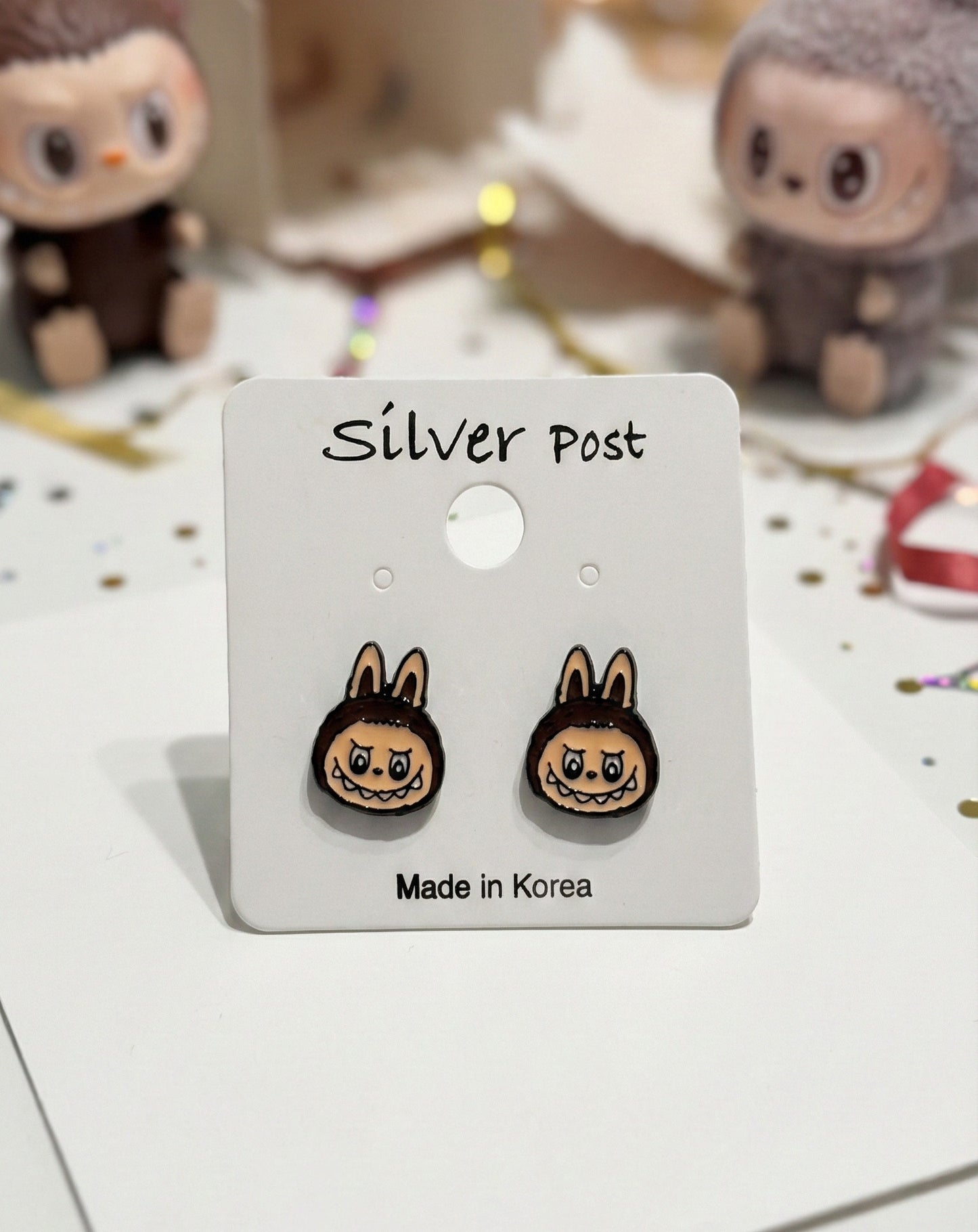 Labubu The Monsters Handmade Brass Enamel Stud Earrings (Silver Post)