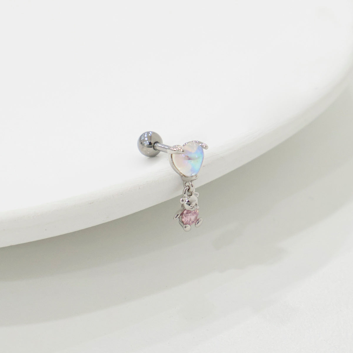 Aurora Heart & Teddy Bear Dangle Barbell Piercing | Titanium Post