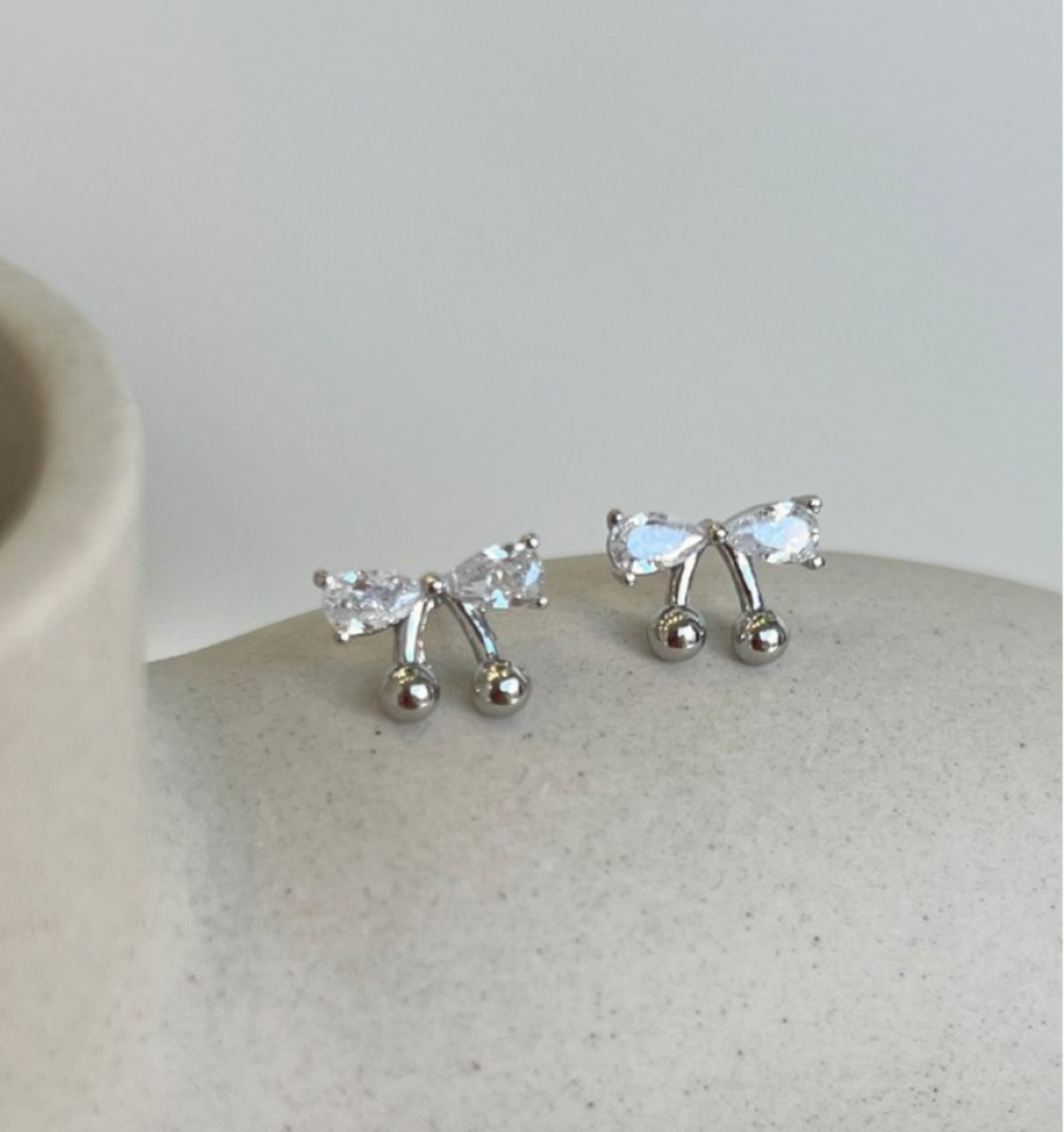 CZ Bow Cherry Stud Earrings – Sparkling Cubic Zirconia Ribbon with Ball Drop, Hypoallergenic, Gold & Silver