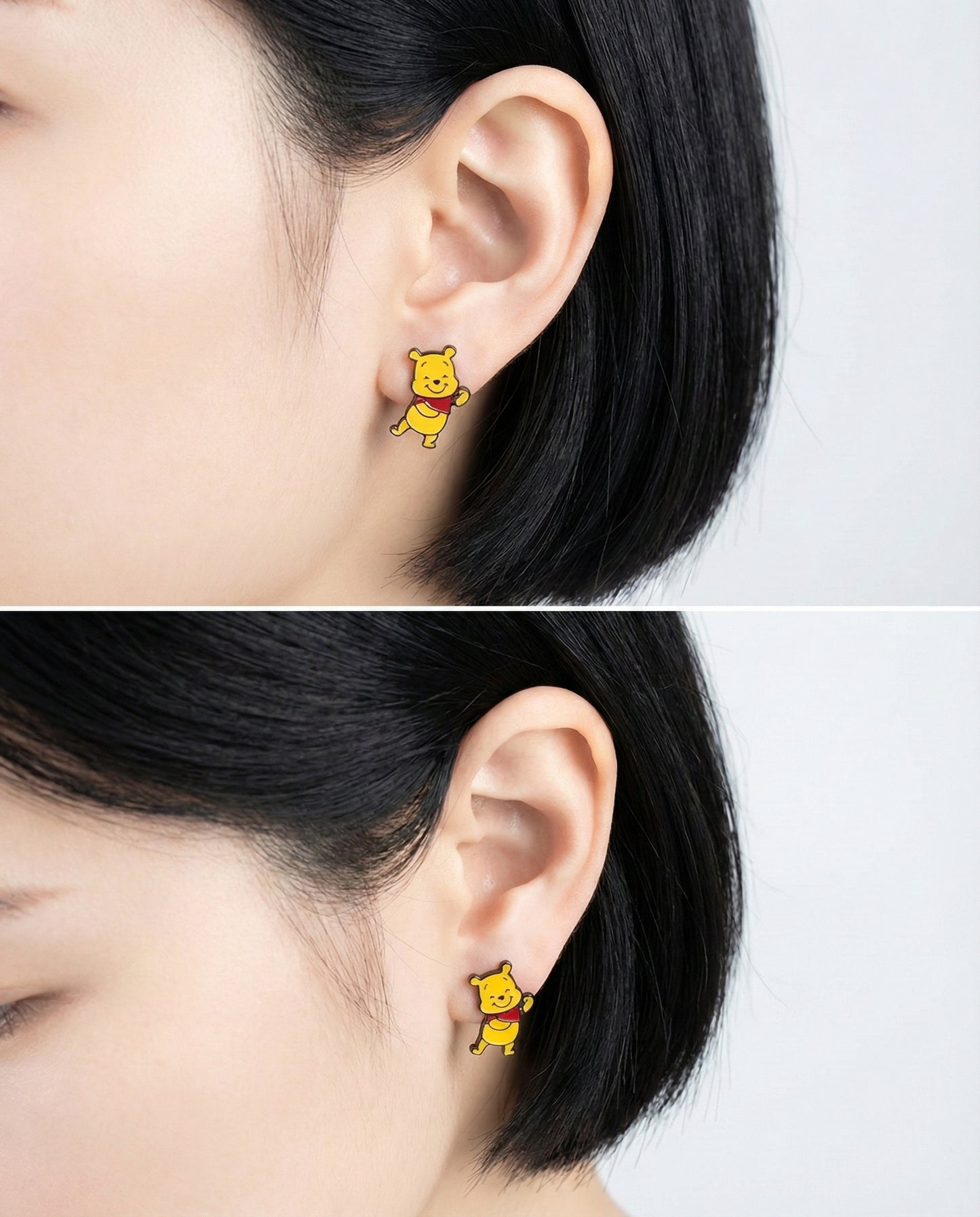 Pooh & Piglet Inspired 2-Way Drop Stud Earrings Handmade in Korea, 925 Silver Post
