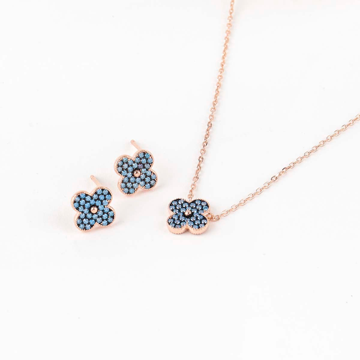 Dainty Aqua Blue Pave Clover Stud Earrings 925 Sterling Silver Rose Gold