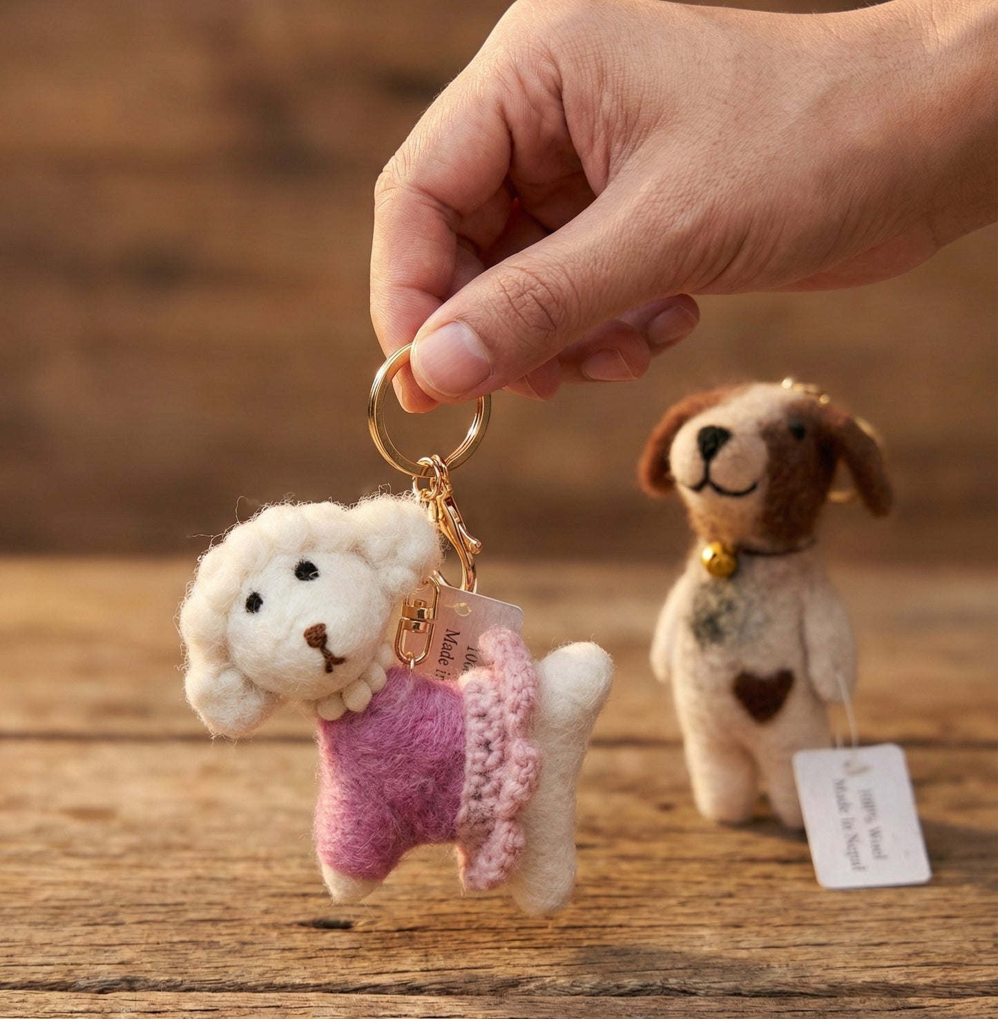 Handmade Wool Felt Poodle Bag Charm Keychain from Nepal