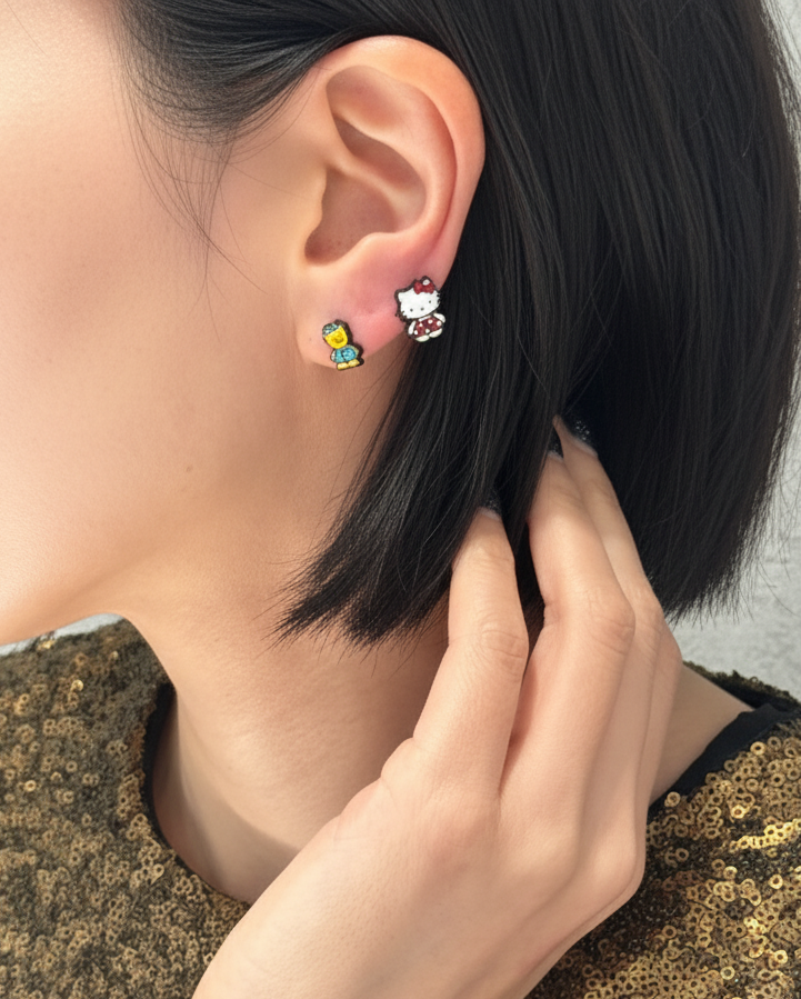 Sanrio Style Hello Kitty Mismatched Earrings Set – Handmade / Sterling Silver Post