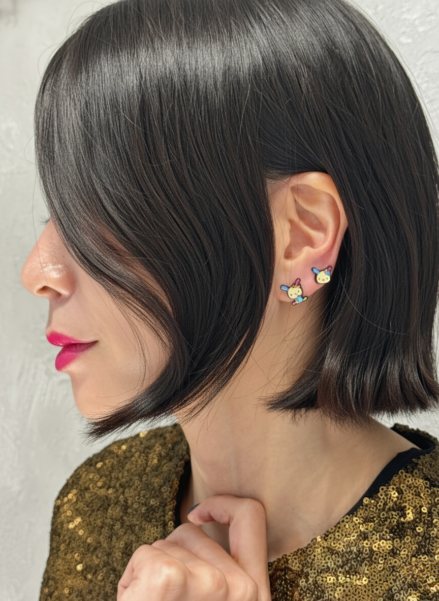 Usahana Style Asymmetric Bunny Earrings – Sterling Silver Post, Handmade Cute Character Studs