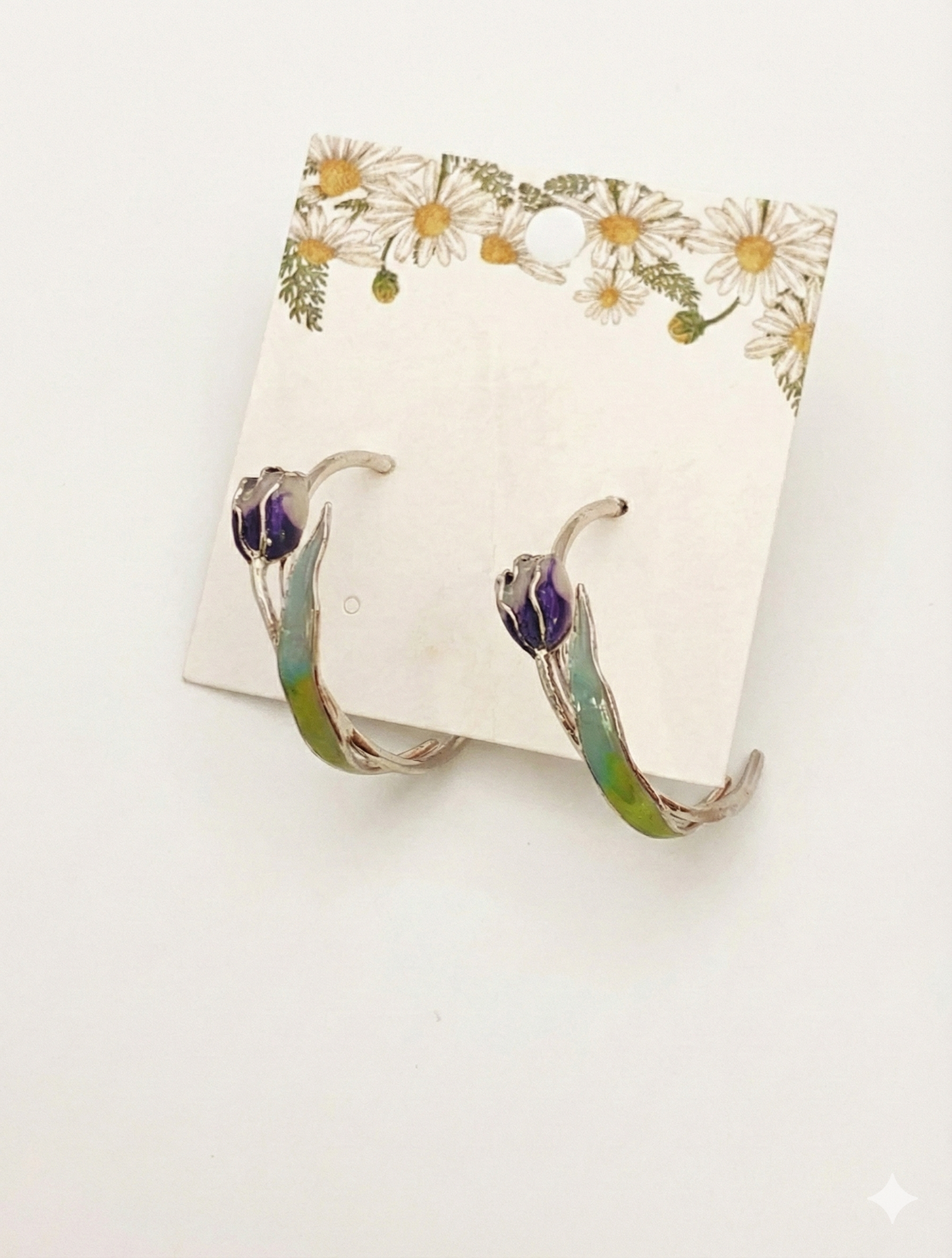 Handmade 3D Watercolor Tulip Flower Hoop Earrings - Titanium Posts