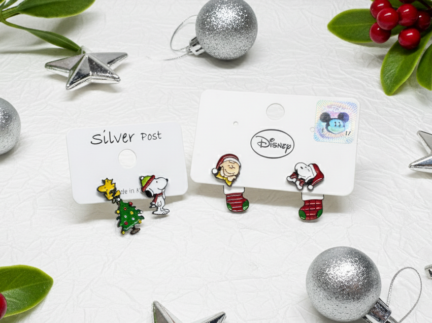 Christmas Snoopy & Woodstock 2-Way Drop Earrings – Handmade in Korea, Sterling Silver