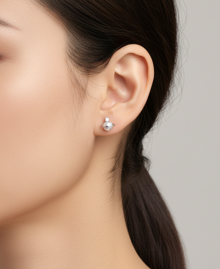 Faux Pearl Cubic Planet Piercing,Surgical Steel Inner Conch Helix Jewelry, Modern Layered Ear Curation Minimal,Saturn Planet piercing