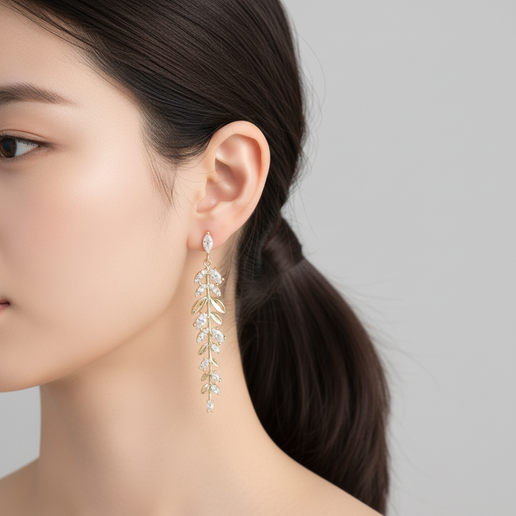 Olive Leaf CZ Drop Earrings - Wedding Jewelry with Silver Post