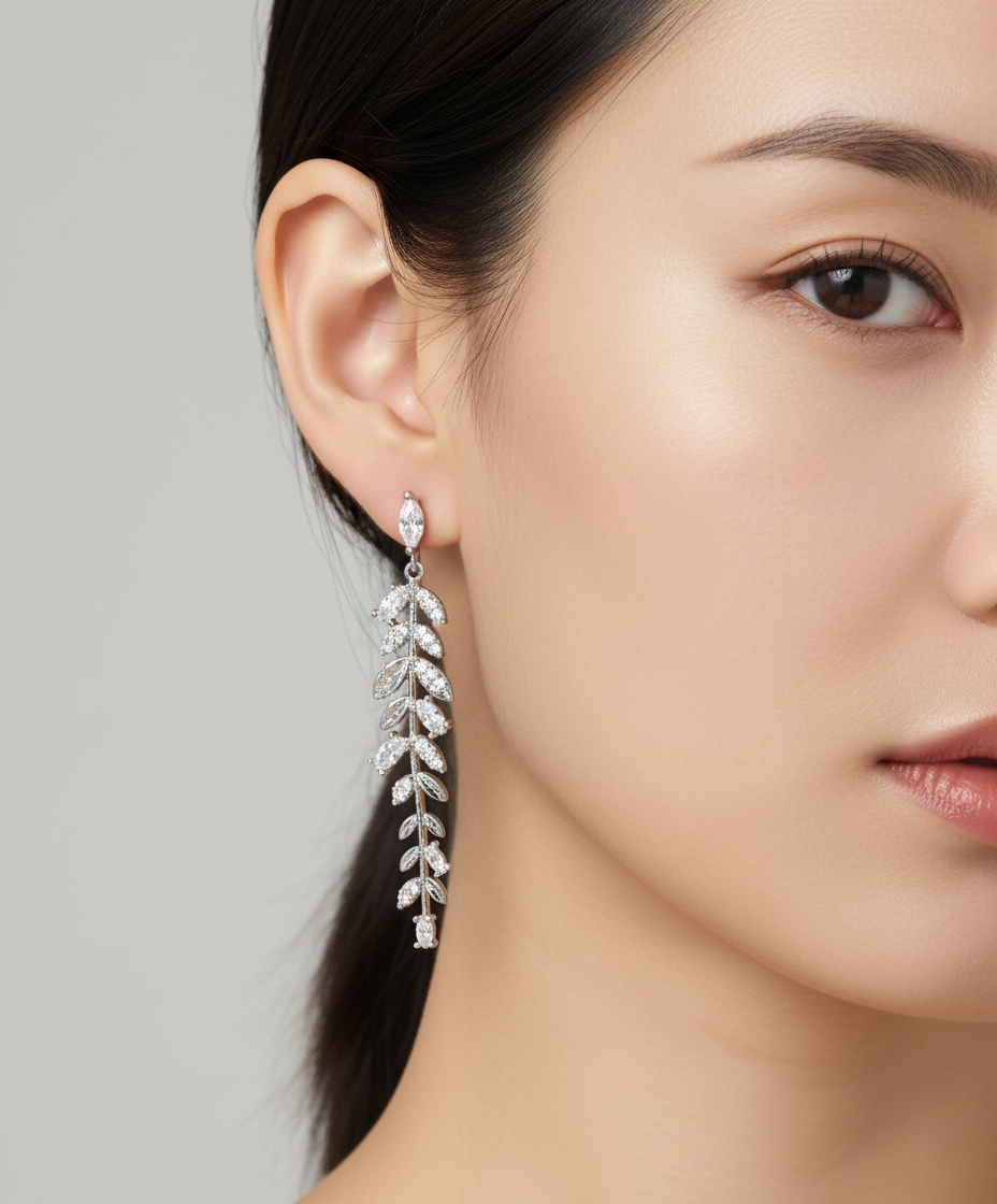 Olive Leaf CZ Drop Earrings - Wedding Jewelry with Silver Post