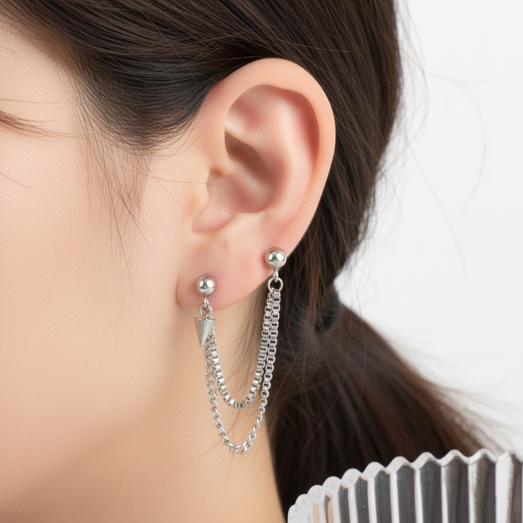 Double Chain Stud Earring - Surgical Steel Cartilage