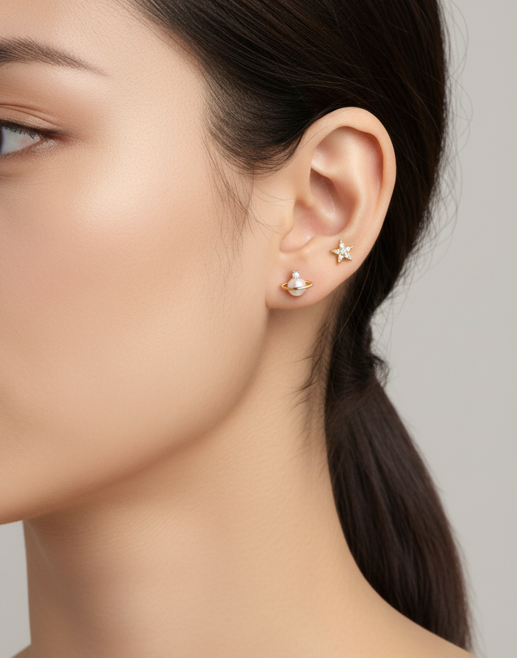 Faux Pearl Cubic Planet Piercing,Surgical Steel Inner Conch Helix Jewelry, Modern Layered Ear Curation Minimal,Saturn Planet piercing