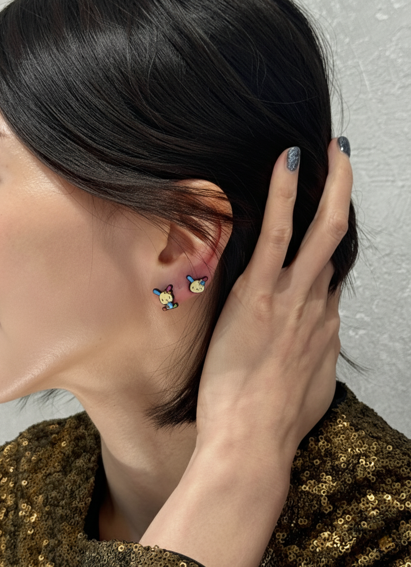 Usahana Style Asymmetric Bunny Earrings – Sterling Silver Post, Handmade Cute Character Studs
