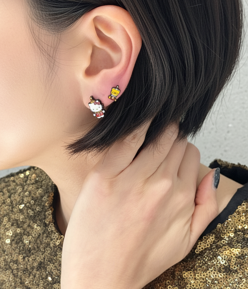 Sanrio Style Hello Kitty Mismatched Earrings Set – Handmade / Sterling Silver Post