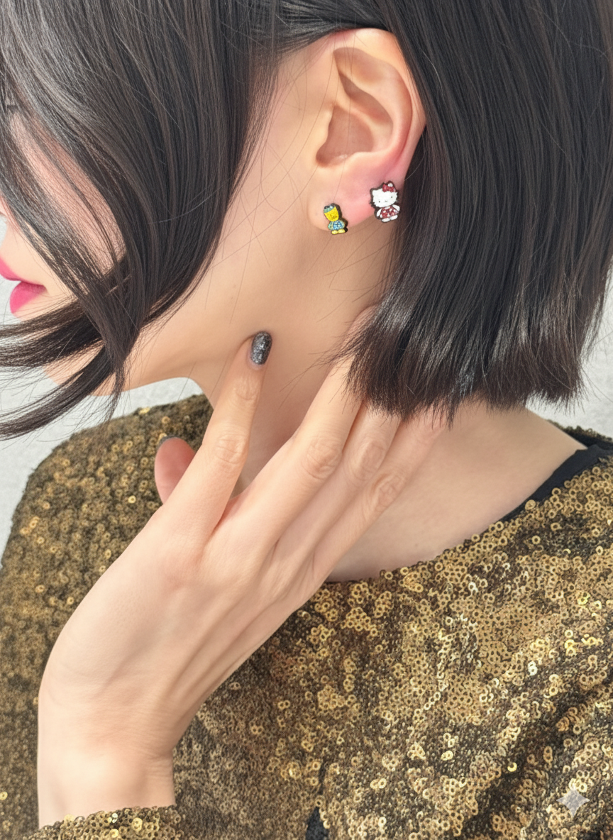 Sanrio Style Hello Kitty Mismatched Earrings Set – Handmade / Sterling Silver Post