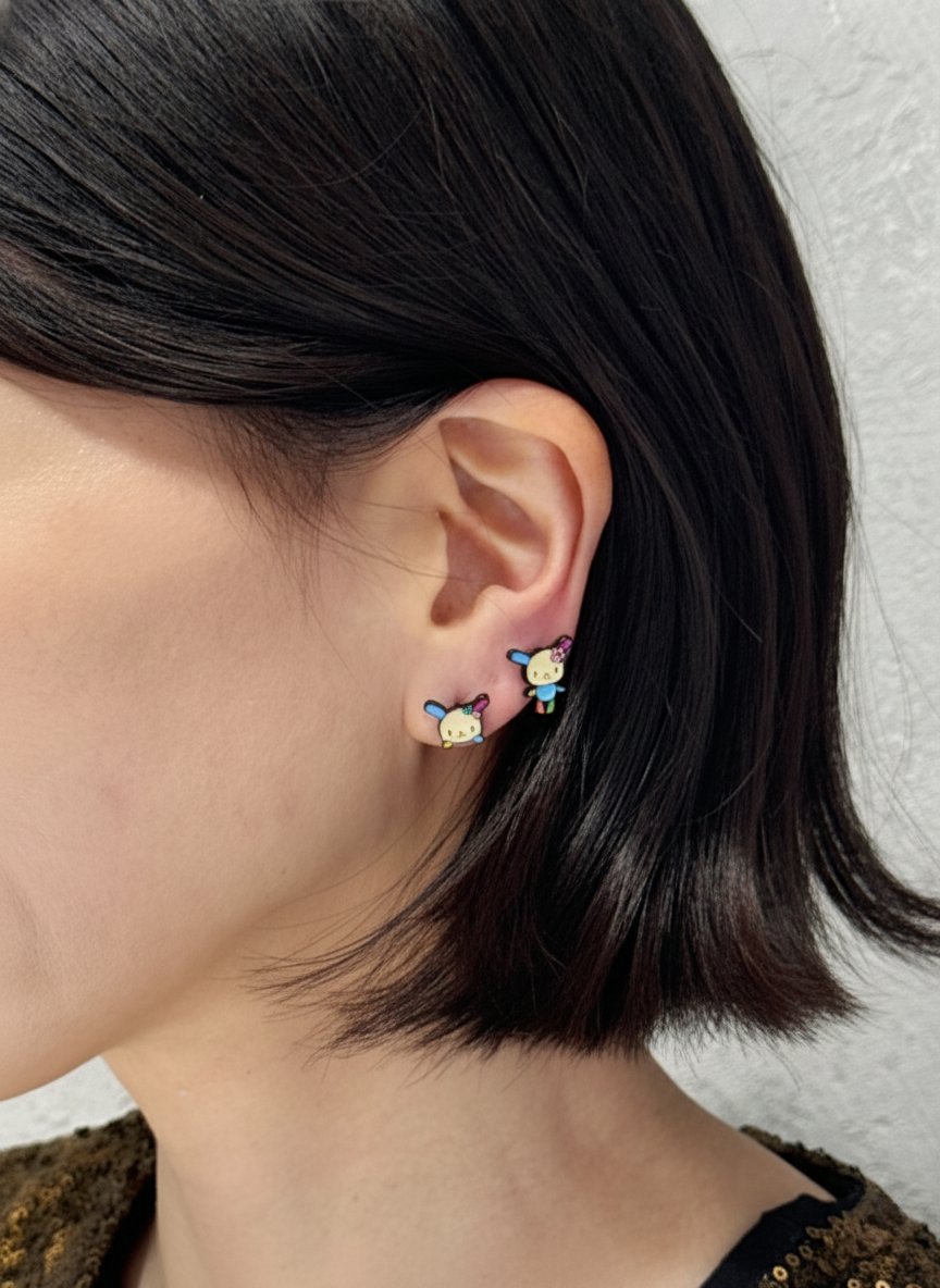 Usahana Style Asymmetric Bunny Earrings – Sterling Silver Post, Handmade Cute Character Studs