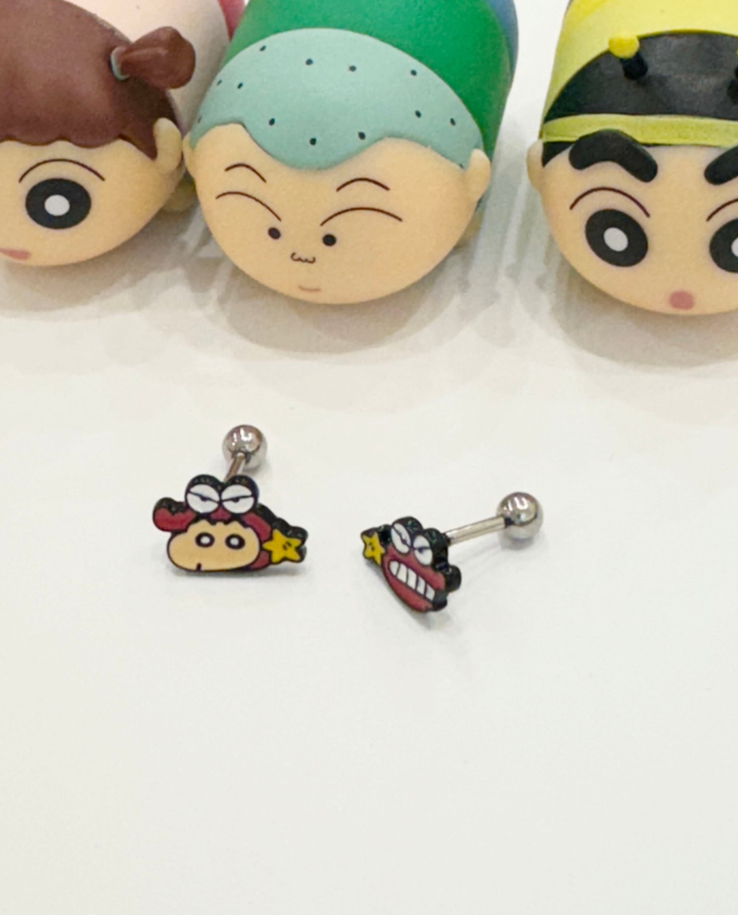 Crayon Shin‑chan & Waniyama Dinosaur-Inspired Barbell Earrings Handmade Cartoon Studs in Surgical Steel