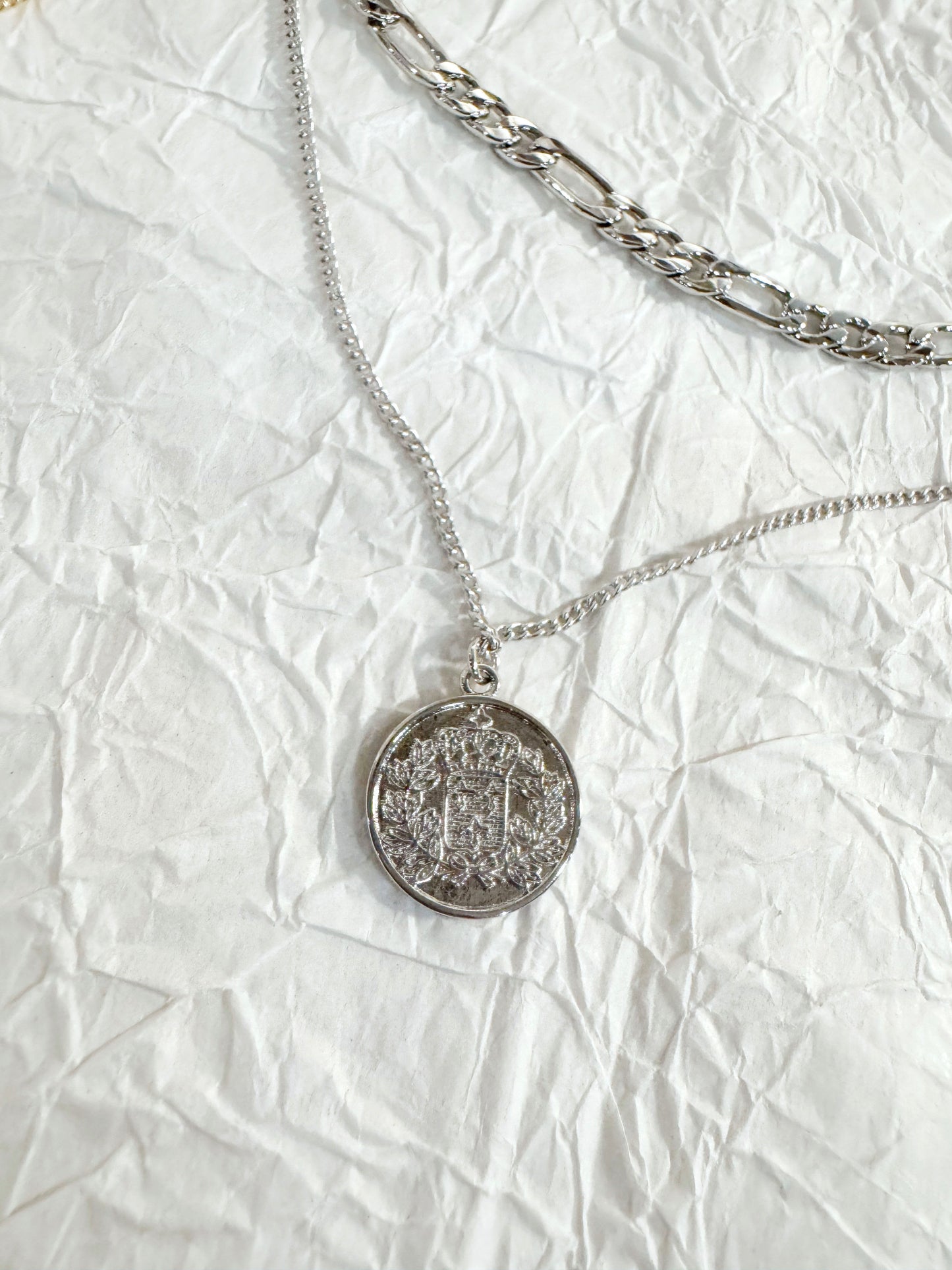 Layered Coin Pendant Necklace - Figaro Chain Brass