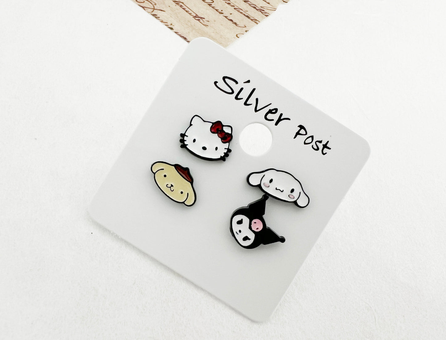 Sanrio-Inspired 4pc Silver Post Earring Set – Kuromi, Hello Kitty, Cinnamoroll & Pompompurin | Handmade in Korea