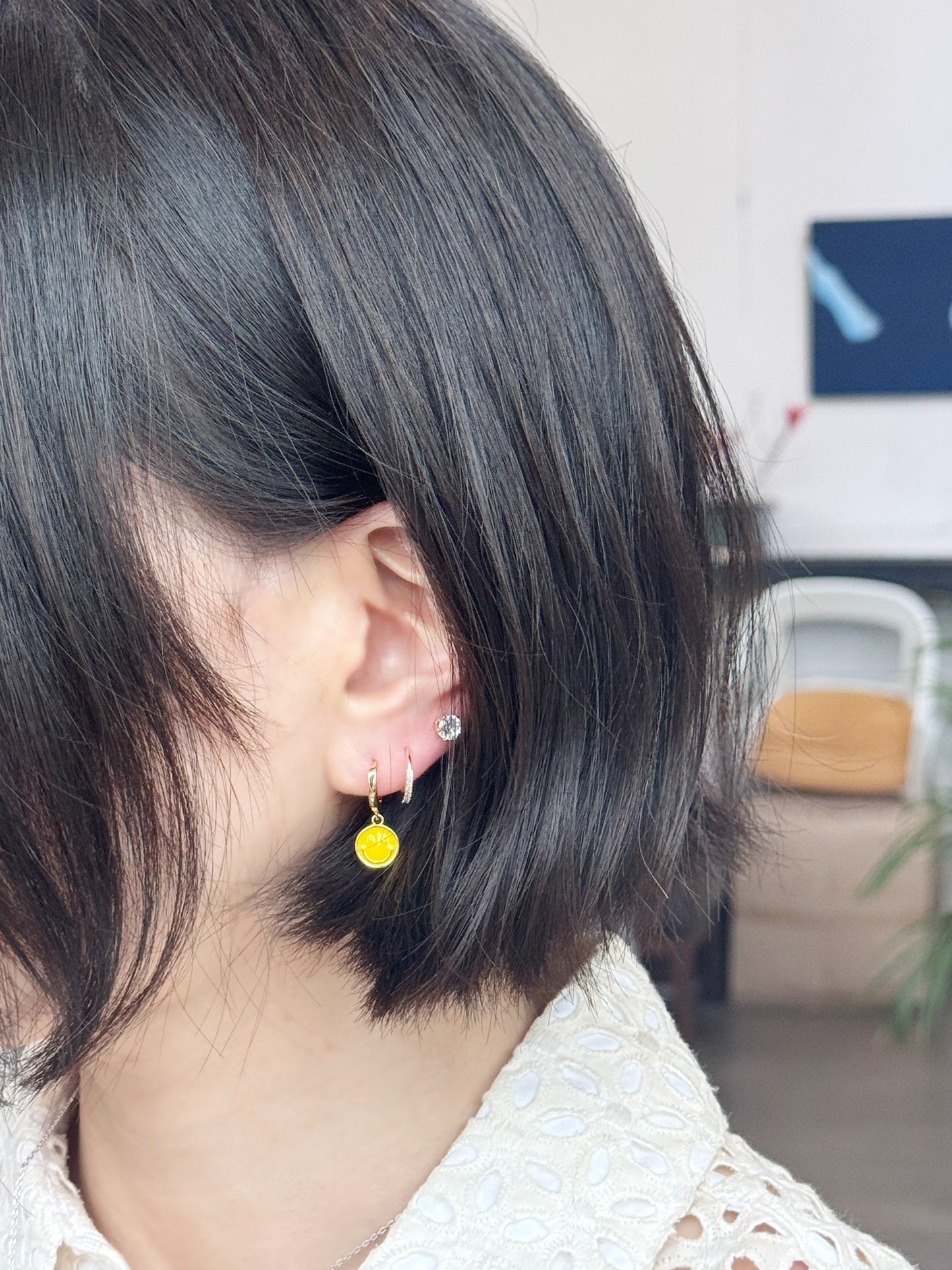 Smiley Face Hoop Earring Set – Asymmetric Drop Hoops with Cubic, Heart & Smiley Charms