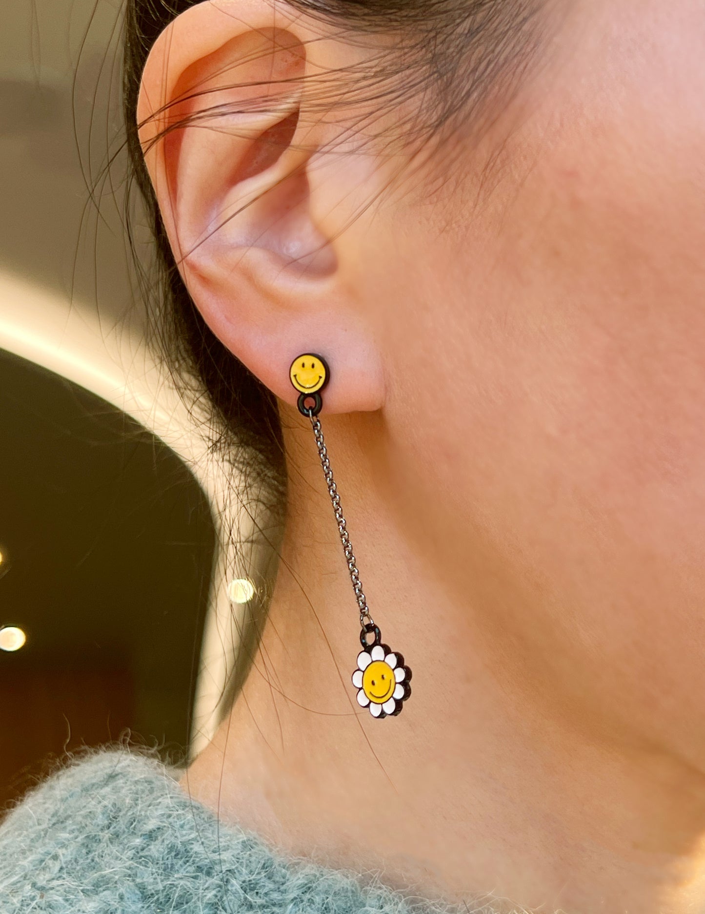 Smiley Daisy Long Drop Earrings – Silver Post, Handmade in Korea