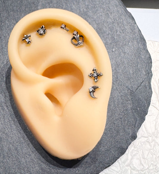Gothic Stud Earrings – Star, Moon, Cross, Fleur de Lis, Crown Surgical Steel Piercing Jewelry, Conch Helix Tragus Cartilage Earrings