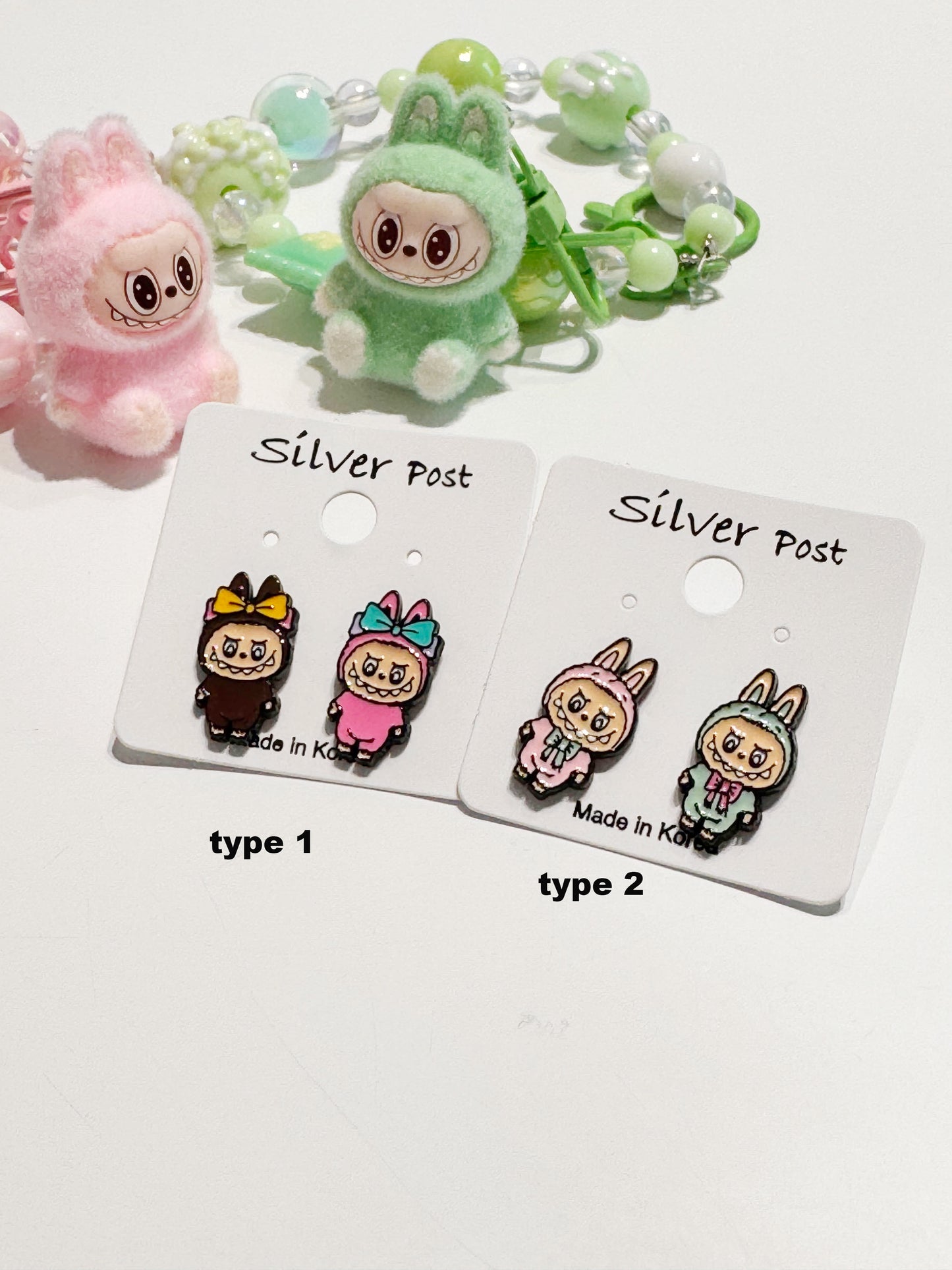 Cute Labubu Bunny Stud Earrings - Silver Post Kawaii