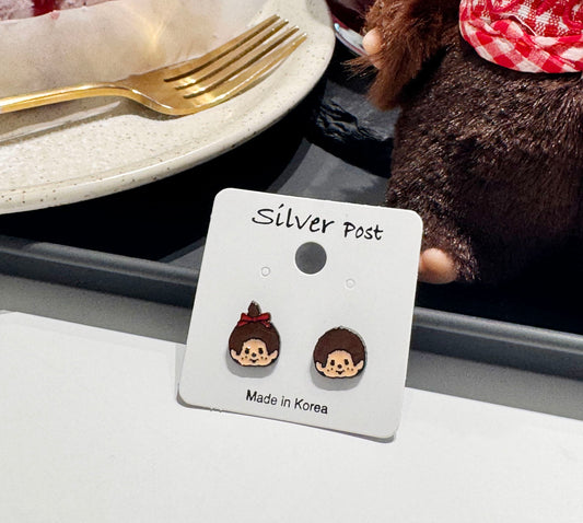 Handmade Moncici-Inspired Earrings,Kitsch Retro Character Silver Post , Cute Vintage Toy Jewelry, Korean Handmade,k-pop accessories,