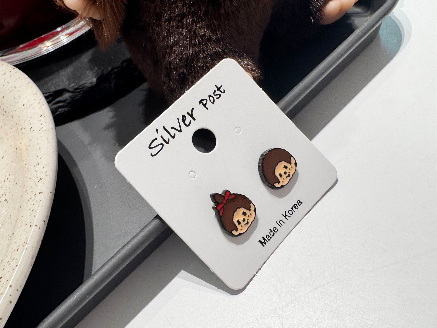 Handmade Moncici-Inspired Earrings,Kitsch Retro Character Silver Post , Cute Vintage Toy Jewelry, Korean Handmade,k-pop accessories,