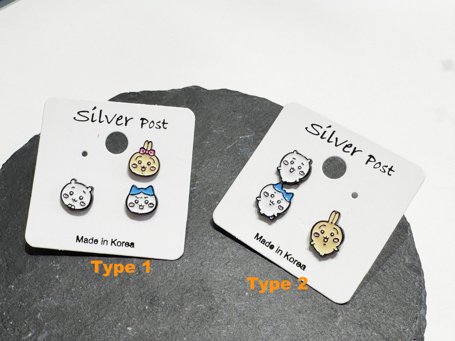 Chiikawa-Inspired Silver Stud Earrings Set, 2 Type Bunny, Cat, Hamster