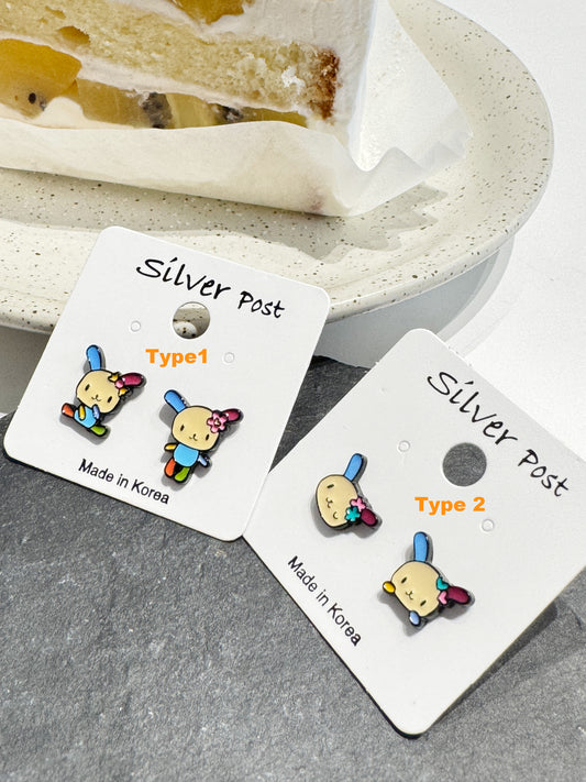 Usahana Style Asymmetric Bunny Earrings – Sterling Silver Post, Handmade Cute Character Studs