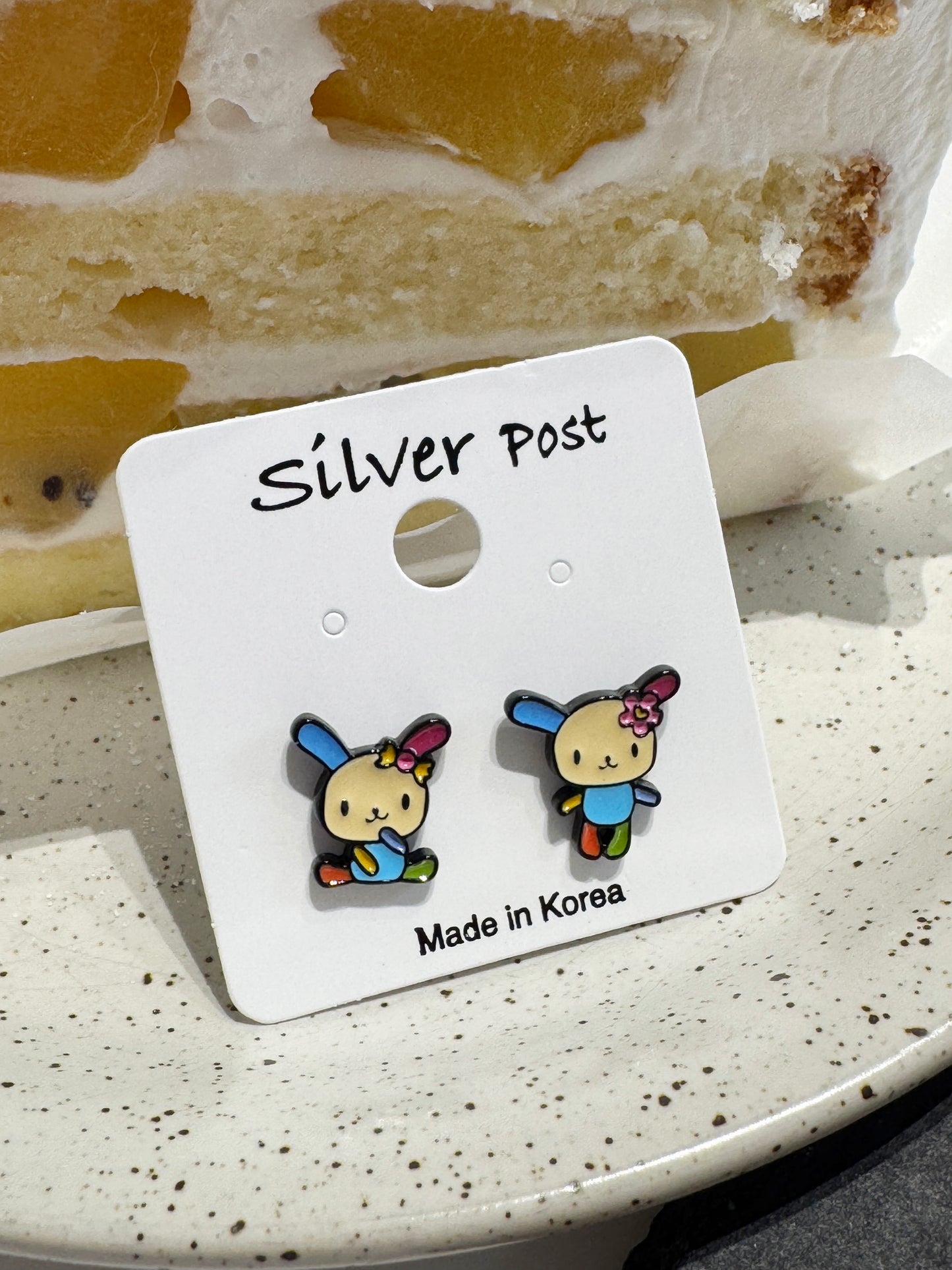 Usahana Style Asymmetric Bunny Earrings – Sterling Silver Post, Handmade Cute Character Studs
